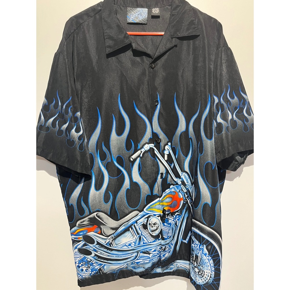 Sapphire Lounge Mens XL Black Blue Flame Chopper Motorcycle Skull‎ Button Shirt